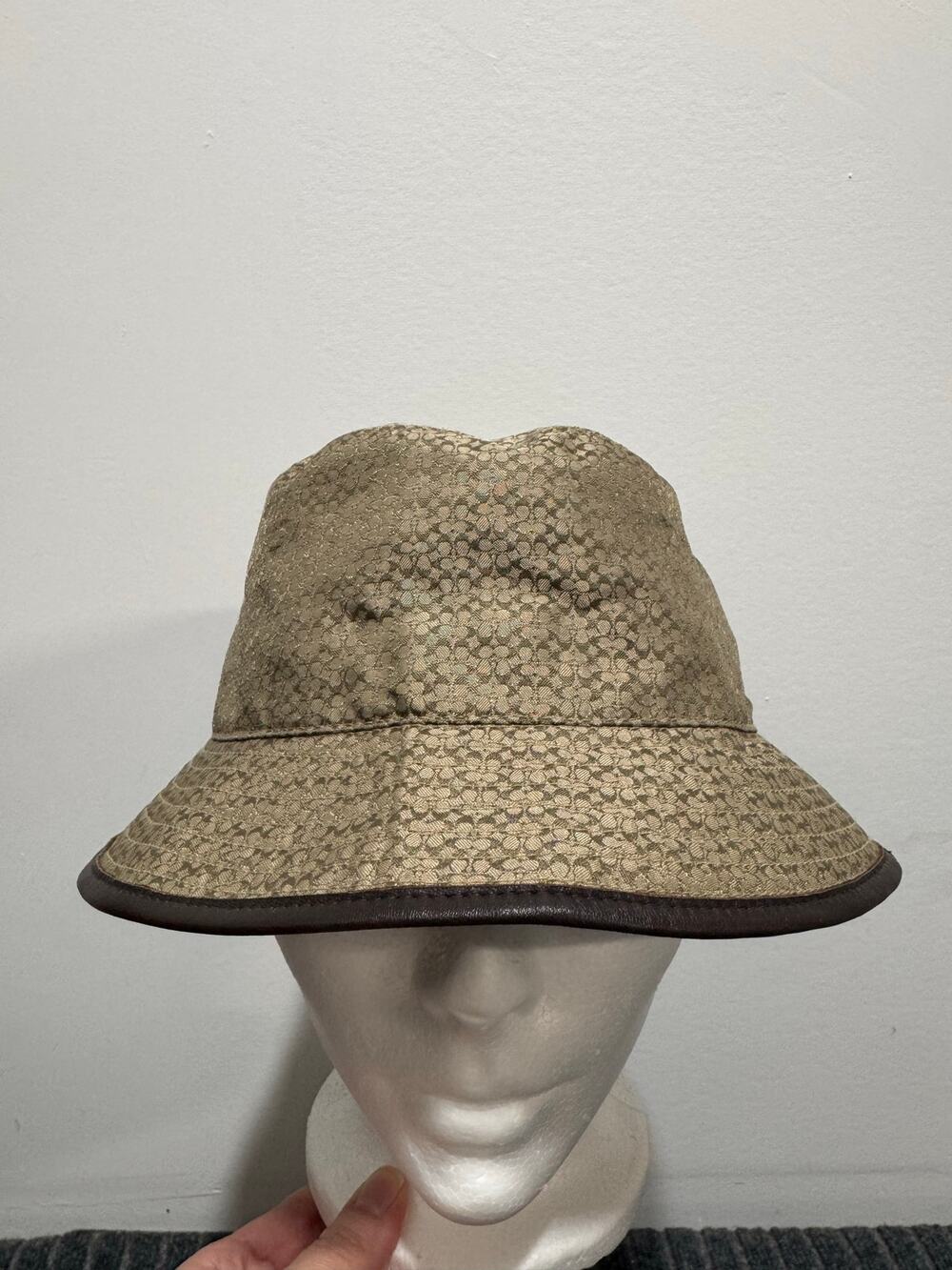 Coach Signature Jacquard Bucket Hat Leather Trim Size Small